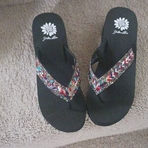 Yellow Box Black Flip Flop Sandals with Multicolor Beaded Straps